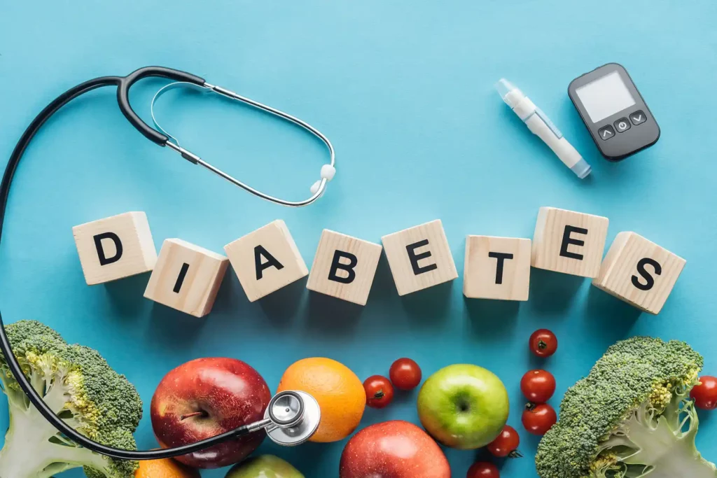 Mast Cell Stabilizers in diabetes management: a stethoscope, glucose meter, and fresh produce surrounding the word 'DIABETES' spelled out in blocks.