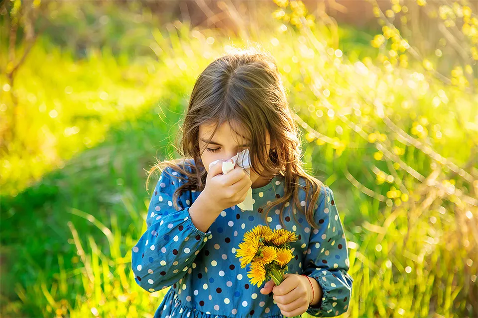 Young girl in a polka-dot dress holding dandelions and sneezing into a tissue in a sunny meadow, representing potential seasonal allergy sufferers before using Fexofenadine.