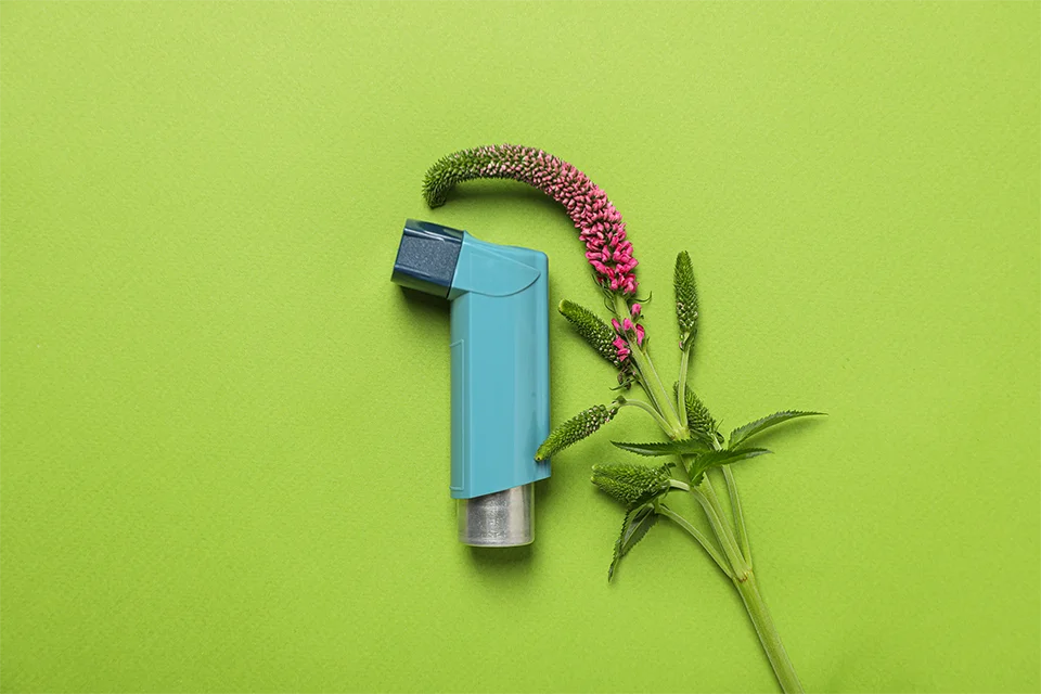 Atrovent Inhaler surrounded by vibrant flowers and greenery on a lime green background.